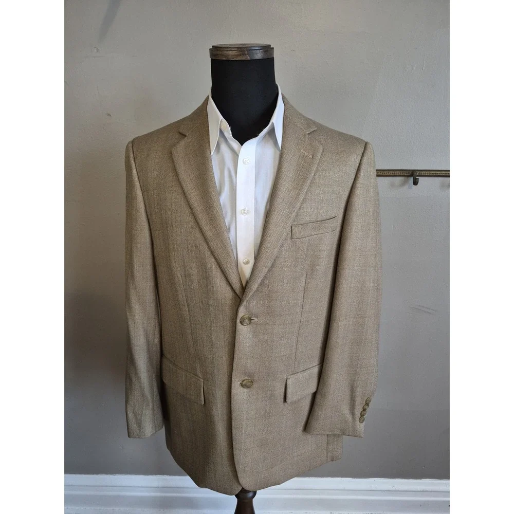 Joseph & Feiss Mens Wool Sports Coat 40R Beige Herringbone 2 Button H602
